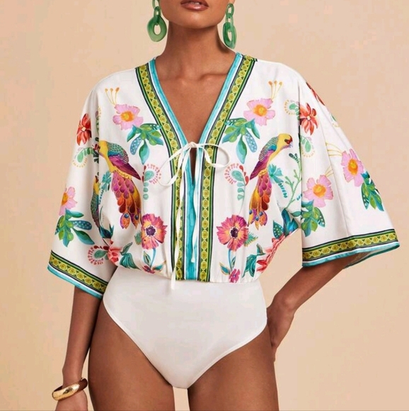 Woven Printed Women's Sleeveless Bodysuit With Drawstring, Summer,Summer Outfits - Picture 1 of 4